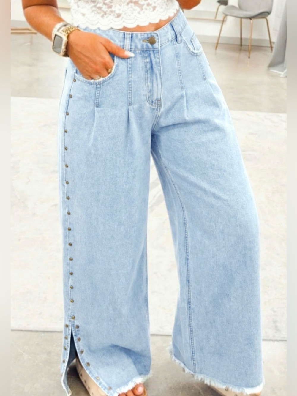 XoXo Wide Leg Light Jeans with Stud Detail ✨